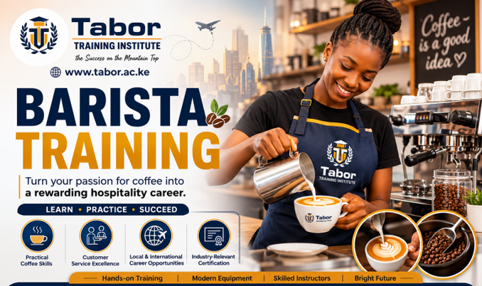 Learn practical barista skills for careers in cafés, hotels, restaurants, and hospitality businesses in Kenya and abroad. Join Tabor Training Institute today.
